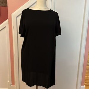 Eileen Fisher Black ballet neck silk dress with satin stripe 1X NWT